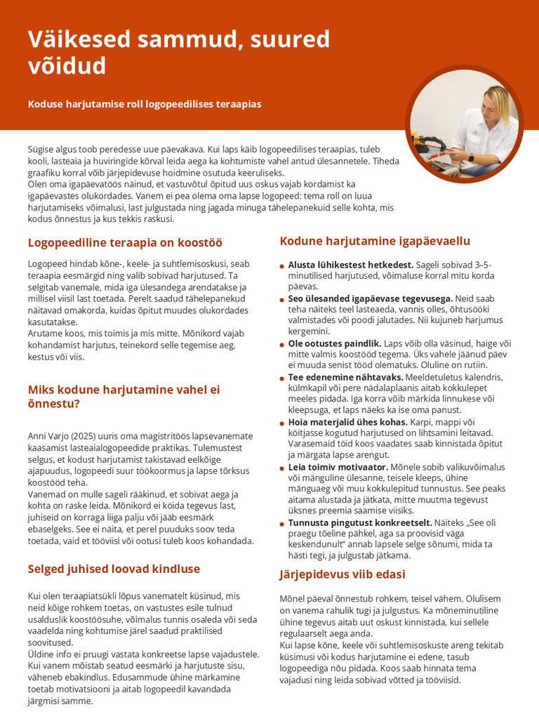 „Väikesed sammud, suured võidud – logopeed Reeda artikkel koduse harjutamise rollist logopeedilises teraapias“